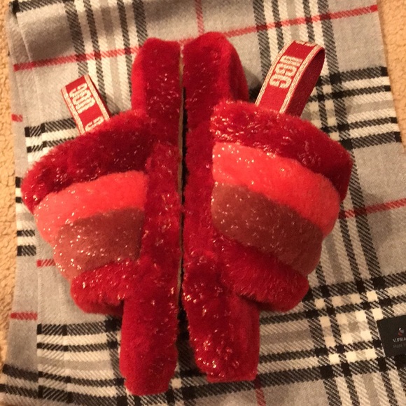 New UGG FLUFF Yeah Red SLIDES w HEAL STRAP size 6 ( fit like 7) - Picture 6 of 11